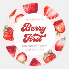 Cute Modern Boho Strawberry Berry 1:a födelsedagen Runt Klistermärke