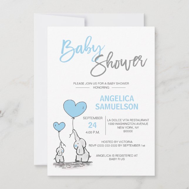 Cute Modern BOY Blue Mamma Elephant & Baby Shower Inbjudningar (Framsida)