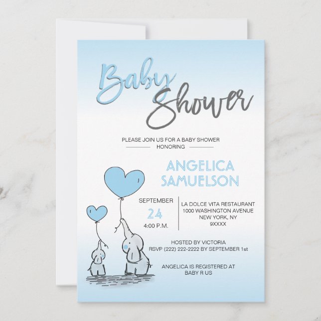 Cute Modern BOY Blue Mamma Elephant & Baby Shower Inbjudningar (Framsida)
