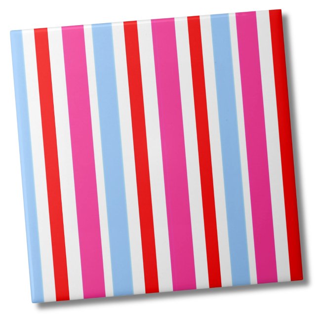 Cute Modern Bright Rand Mönster Kakelplatta (Cute Minimal Modern Pattern Blue Pink Red Stripe Ceramic Tile)