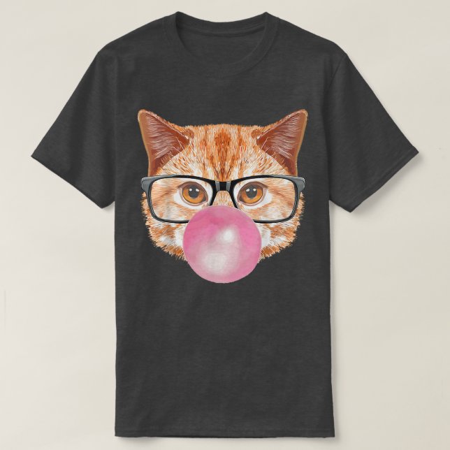 Cute Modern Cat med glasögon och rosa bubbelgummi T Shirt (Design framsida)
