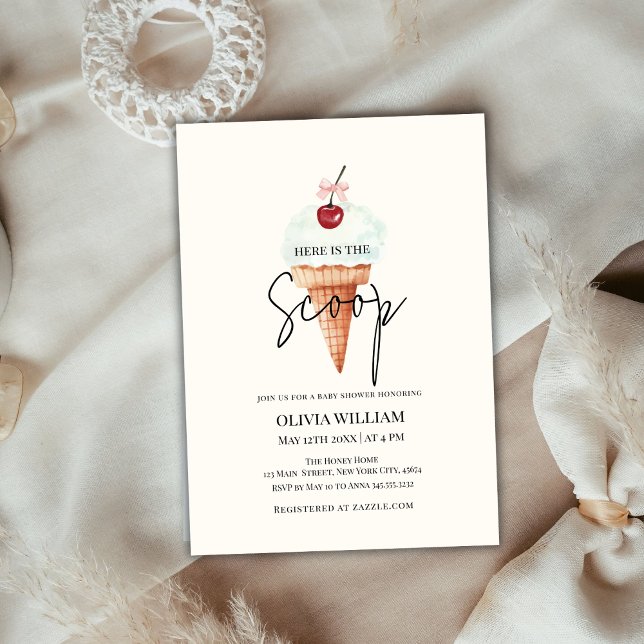 Cute Modern Cherry Scoop Ice Cream Baby Shower Inbjudningar (Cute Modern Cherry Scoop Ice Cream Baby Shower Invitation)