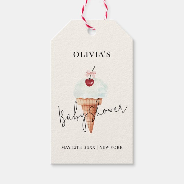 Cute Modern Cherry Scoop Ice Cream Baby Shower Presentetikett (Framsidan)