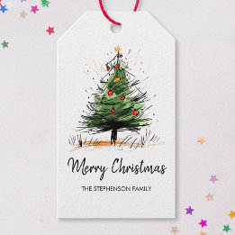 Cute Modern Christmas Tree Sketch Presentetikett
