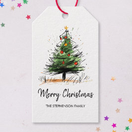 Cute Modern Christmas Tree Sketch Presentetikett