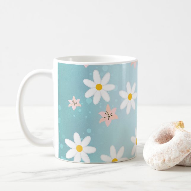 Cute Modern Daisy lily Blommor Rustin, sömlös Kaffemugg (Med munk)