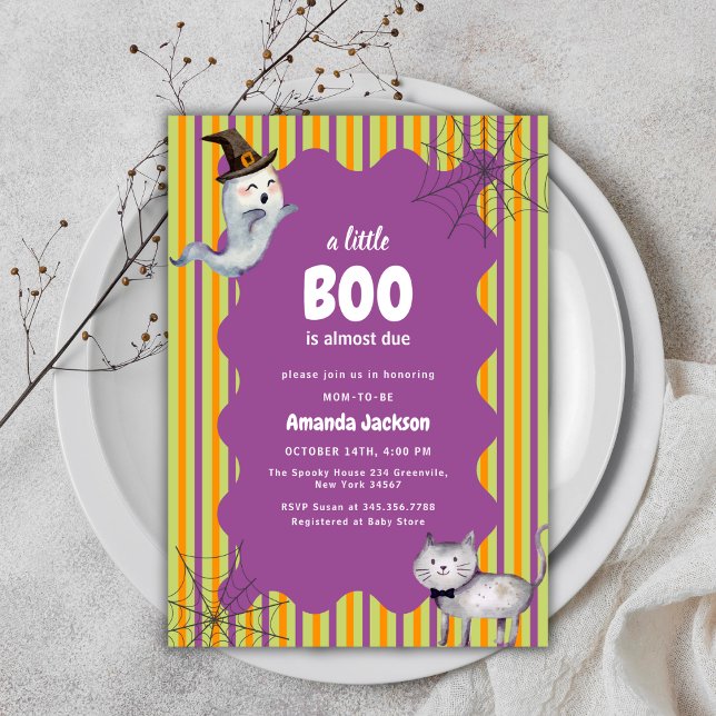 Cute Modern en liten Boo Ghost-babystövel Inbjudningar (Cute Modern A Little Boo Ghost Cat Baby Shower Invitation)