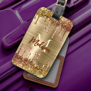 Cute modern Faux guld Glitter Drives monogram Bagagebricka