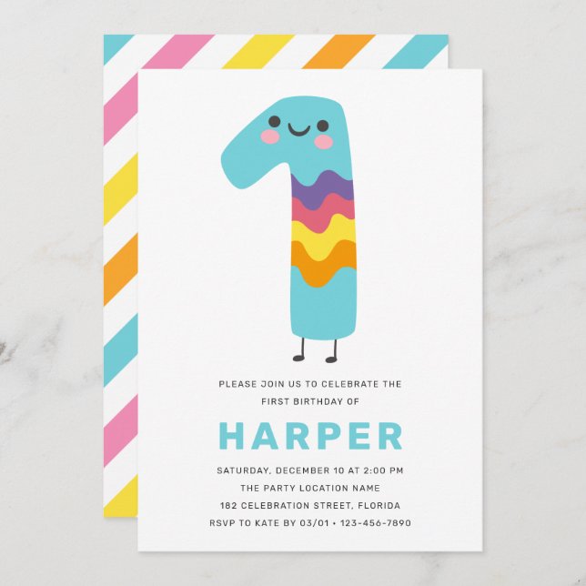 Cute Modern First Birday - 1:a födelsedagen Inbjudningar (Fram/baksida)