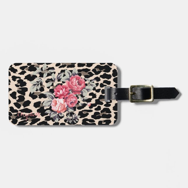 Cute Modern Flowers on Leopard Print Personlig Bagagebricka (Horisontell Framsida)