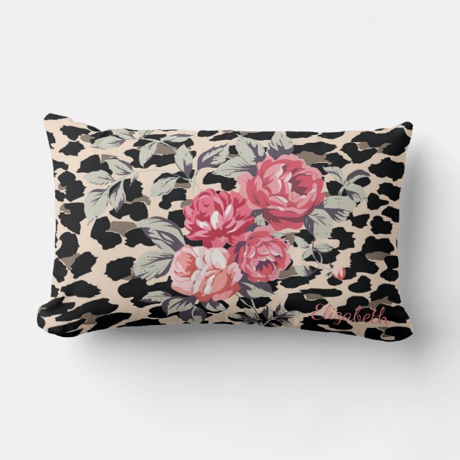 Cute Modern Flowers on Leopard Print Personlig Lumbarkudde (Framsida)