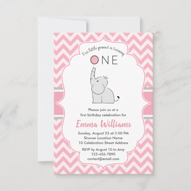 Cute Modern Girl Rosa Grått Elephant 1st Birthday Inbjudningar (Framsida)