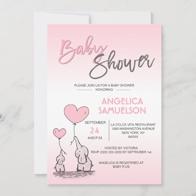 Cute Modern GIRL Rosa Mamma Elephant & Baby Shower Inbjudningar (Framsida)