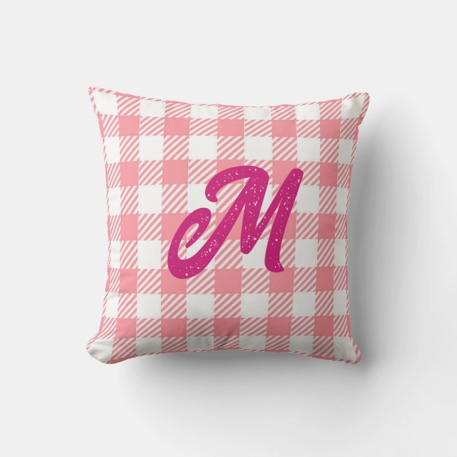 Cute Modern Girly Gingham Play Shock rosa Monogram Kudde (Framsida)