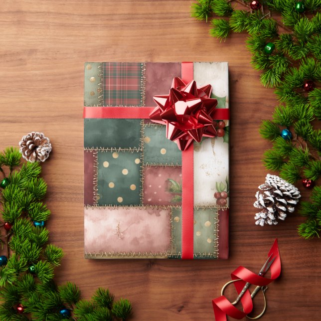 Cute Modern Gold Christmas Patchwork Pattern Presentpapper (Julgåva)