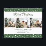 Cute Modern Grönt 3 Photo Collage Stars Helg Vykort<br><div class="desc">Gröntens vykort för helgdag av foto med en bakgrund av en grönt med tre bilder på framsidan och en vinterscen med vattenfärg längst bak. Anpassa enkelt det här moderna vykortet för helgdag med foton och text.</div>