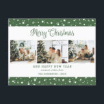 Cute Modern Grönt 3 Photo Collage Stars Helg Vykort<br><div class="desc">Gröntens vykort för helgdag av foto med en bakgrund av en grönt med tre bilder på framsidan och en vinterscen med vattenfärg längst bak. Anpassa enkelt det här moderna vykortet för helgdag med foton och text.</div>