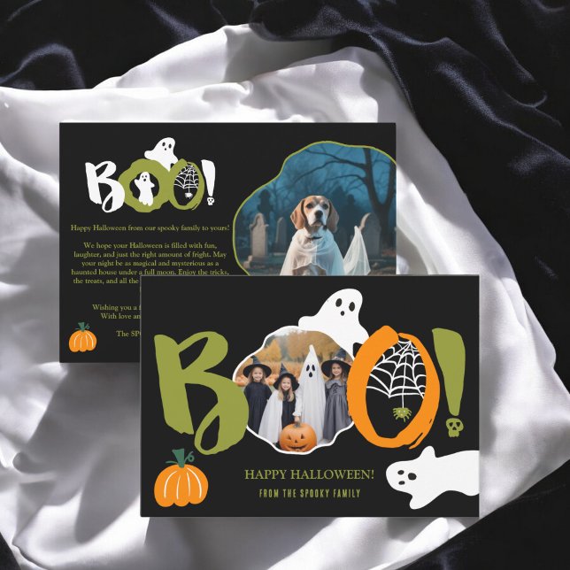 Cute Modern grönt Boo spöken 2 foton Halloween Julkort (Cute Modern green Boo ghosts 2 photos Halloween Holiday Card)