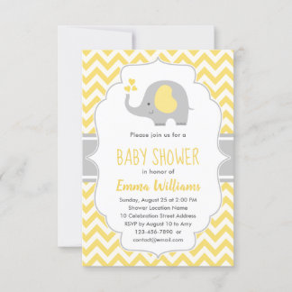 Cute Modern Gult Grått Elephant Baby Shower Inbjudningar