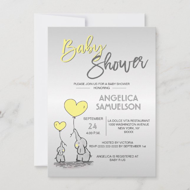 Cute Modern GULT Mamma Elephant & Baby Shower Inbjudningar (Framsida)