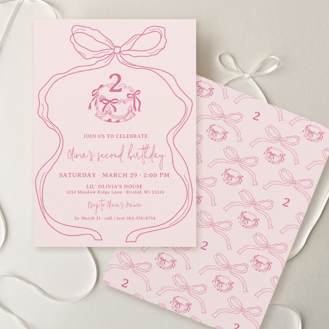 Cute Modern Hand plockade Bow Rosa Girl 20-årsdage Inbjudningar (Cute modern quirky whimsical hand drawn coquette pink bow cake girly girl kids birthday party invite)