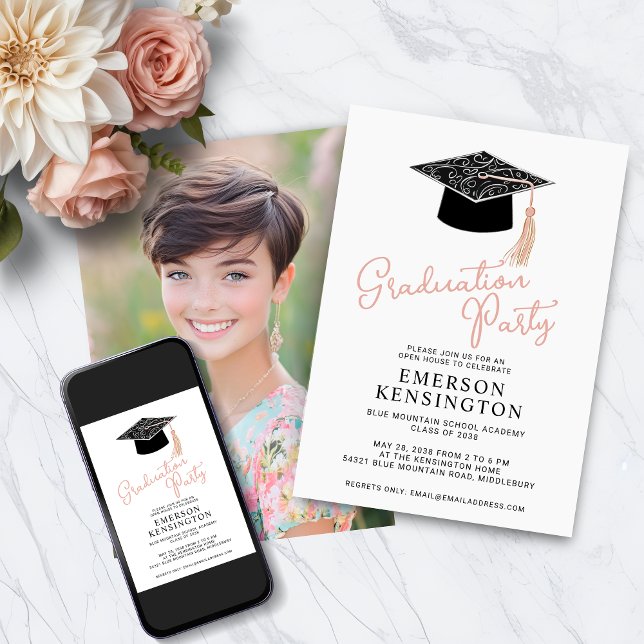 Cute Modern Hand plockade Photo Studentfest Inbjudningar (Cute Modern Hand Drawn Photo Graduation Party Invitation with Instant Download)