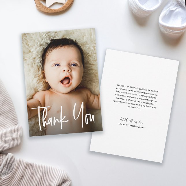 Cute Modern Handlettering Boy Photo Baby Shower Tack Kort (Custom baby shower photo birth announcement thank you card.)