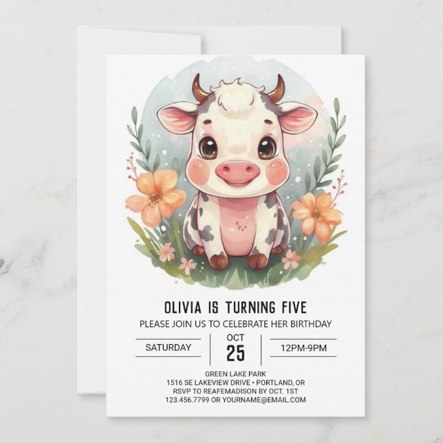 Cute Modern Land Cow Birday Inbjudningar (Framsida)