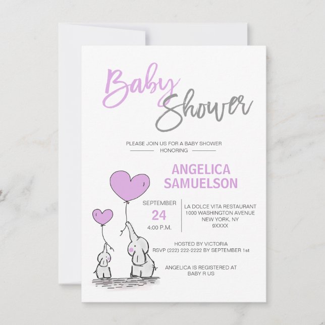 Cute Modern LAVENDER Mamma Elephant & Baby Shower Inbjudningar (Framsida)