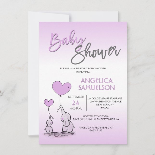 Cute Modern LAVENDER Mamma Elephant & Baby Shower Inbjudningar (Framsida)