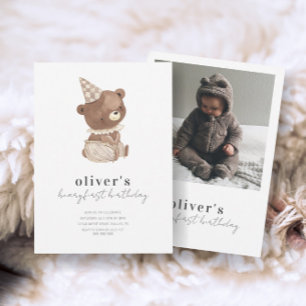 Cute Modern Little Bear Photo 1st Birday Inbjudningar