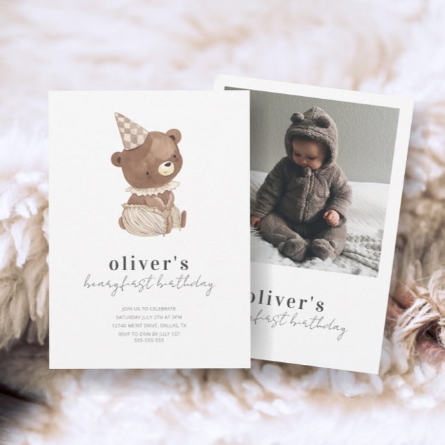 Cute Modern Little Bear Photo 1st Birday Inbjudningar (Skapare uppladdad)