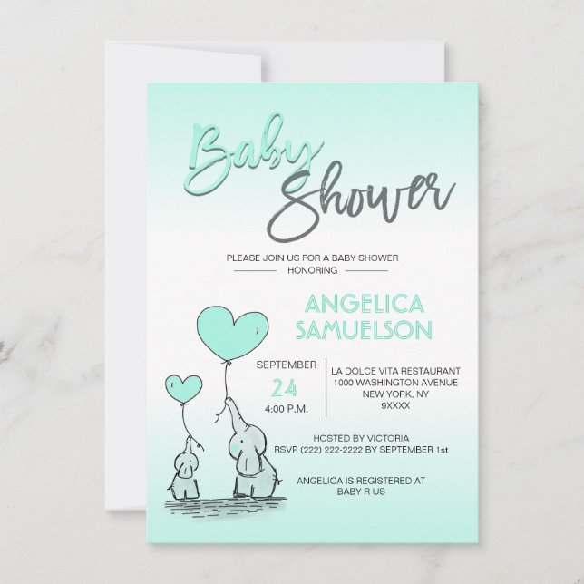 Cute Modern MINT Mamma Elephant & Baby Shower Inbjudningar (Framsida)