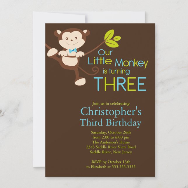 Cute Modern Monkey 3:e födelsedagsbjudanden Inbjudningar (Framsida)