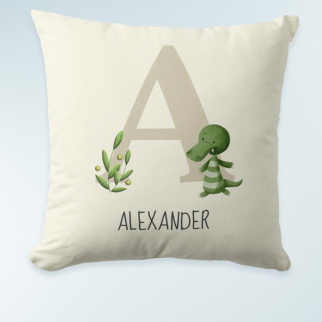 Cute Modern Monogram Brev A Alligator Nursery Kudde (Cute monogrammed letter A baby pillow with an alligator)