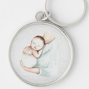 Cute Modern Mor & Baby Doula Midfru Watercolor Rund Silverfärgad Nyckelring