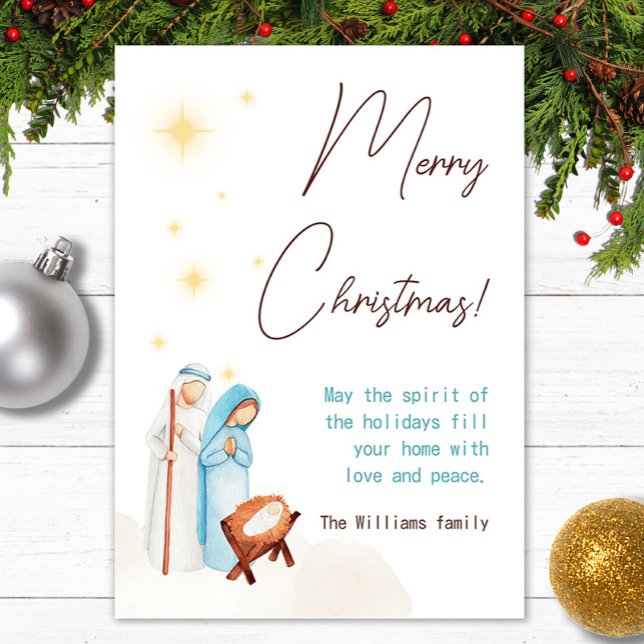 Cute Modern Nature Scene Baby Jesus Julkort (Modern Christmas card with cute nativity scene and baby Jesus.
Personalize text.)