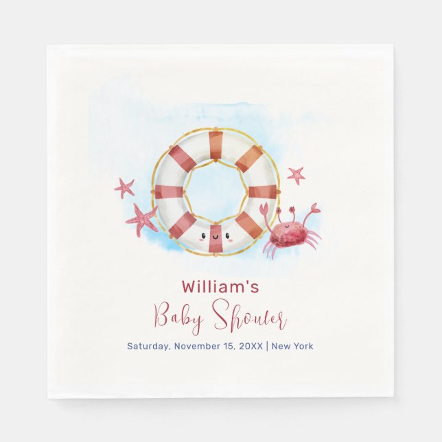 Cute Modern Nautical Crab Starfish Baby Shower Pappersservett (Framsidan)
