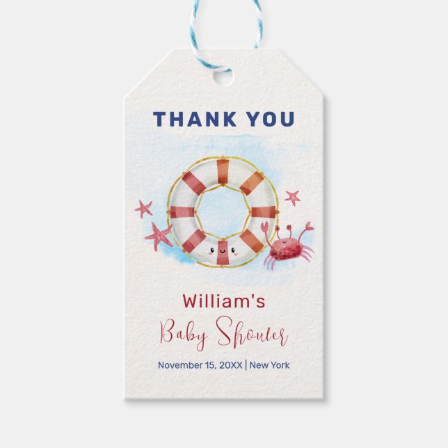 Cute Modern Nautical Crab Starfish Baby Shower Presentetikett (Framsidan)