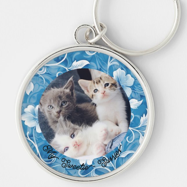 Cute Modern Personlig Pet Memorial Keychain Rund Silverfärgad Nyckelring (Framsidan)