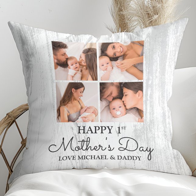 Cute Modern Photo Collage Lycklig första Mors dag Kudde (Cute Modern Photo Collage Happy First Mothers Day Throw Pillow)