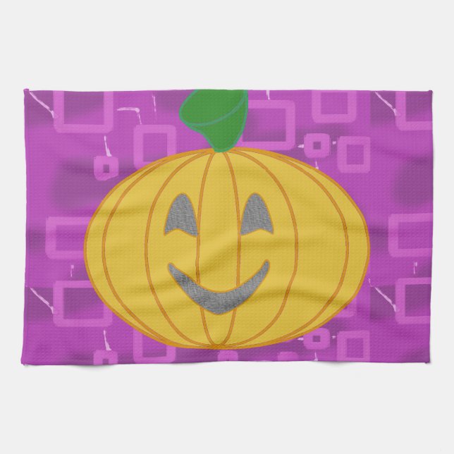 Cute Modern Pumpkin på Lila Geometric Kökshandduk (Horisontell)