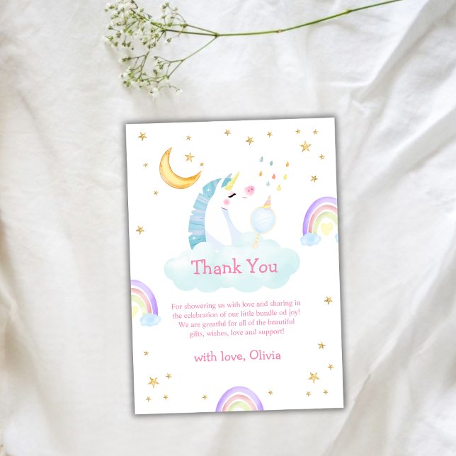 Cute Modern Rainbow Måne Star Unicorn Shower Tack Kort (Cute Modern Rainbow Moon Star Unicorn Baby Shower Thank You Card)