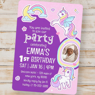 Cute Modern Rainbow Unicorns Barn Birthday Photo Inbjudningar