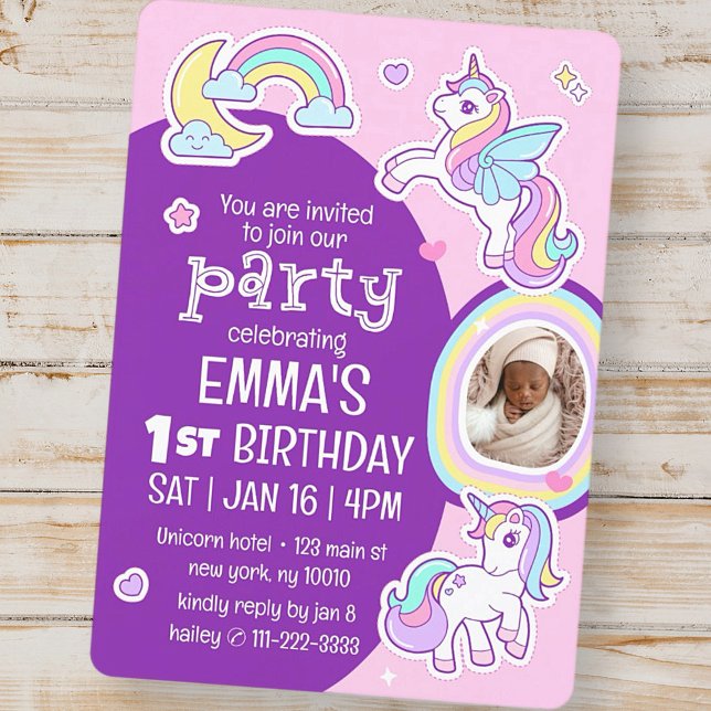 Cute Modern Rainbow Unicorns Barn Birthday Photo Inbjudningar (Skapare uppladdad)