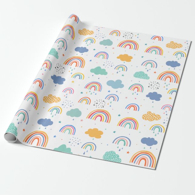Cute Modern Rainbows och Clouds Mönster Presentpapper (Utrullad)