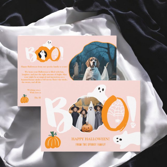 Cute Modern rosa Boo spöken 2 foton Halloween Julkort (Cute Modern pink Boo ghosts 2 photos Halloween Holiday Card)