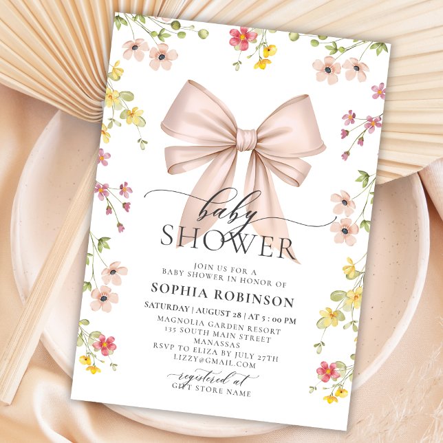 Cute Modern Rosa Bow Wildblomma Baby Shower Inbjudningar (Skapare uppladdad)