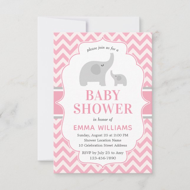 Cute Modern Rosa Grått Elephant Girl Baby Shower Inbjudningar (Framsida)