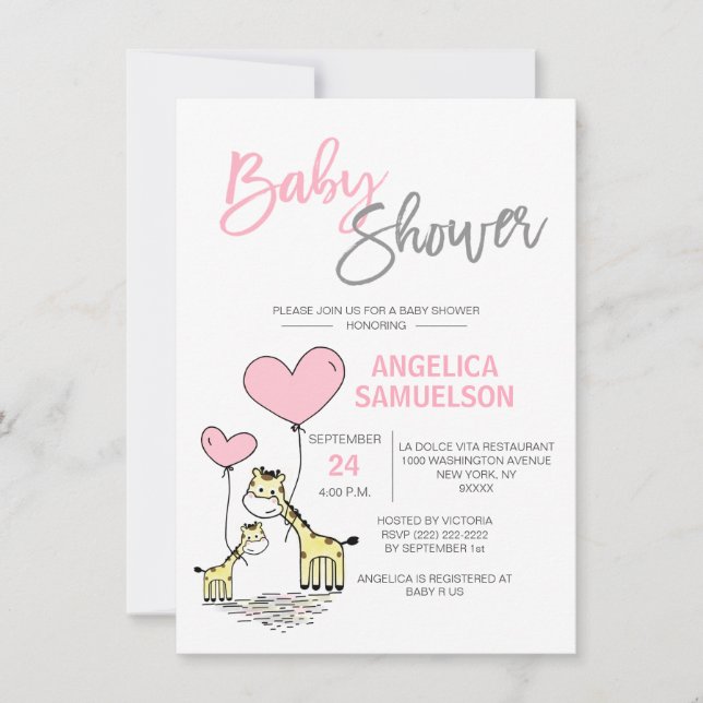 Cute Modern Rosa Mamma Giraffe Girls Baby Shower Inbjudningar (Framsida)